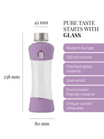 Purer Geschmack beginnt mit Glas. Trinkflasche aus hochwertigem Borosilikatglas, hergestellt in der EU. Fasst 550ml. Auslaufsicher. Langlebige und nachhaltige Materialien. Einzigartige ergonomische Form der Trinkflasche.