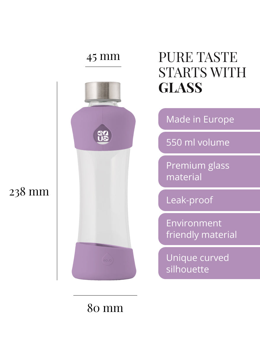 Purer Geschmack beginnt mit Glas. Trinkflasche aus hochwertigem Borosilikatglas, hergestellt in der EU. Fasst 550ml. Auslaufsicher. Langlebige und nachhaltige Materialien. Einzigartige ergonomische Form der Trinkflasche.