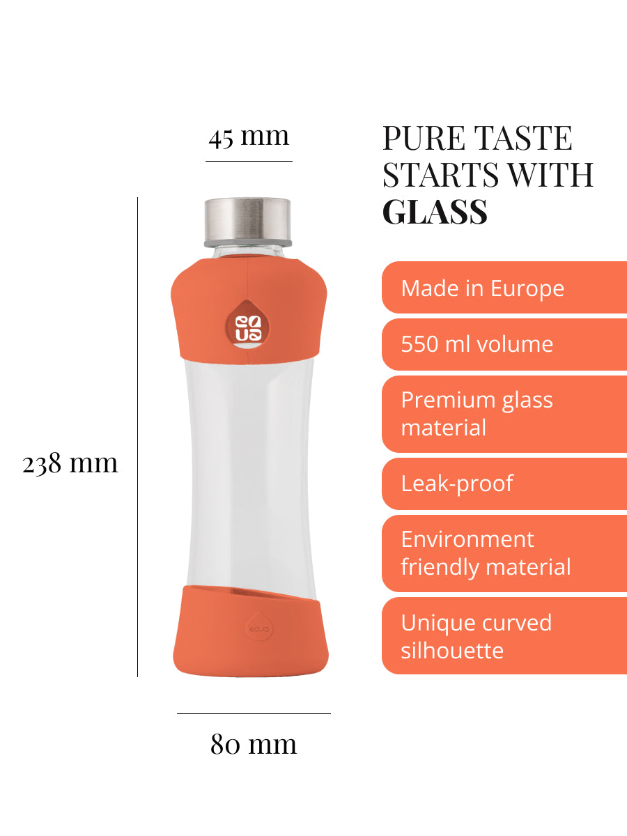Purer Geschmack beginnt mit Glas. Trinkflasche aus hochwertigem Borosilikatglas, hergestellt in der EU. Fasst 550ml. Auslaufsicher. Langlebige und nachhaltige Materialien. Einzigartige ergonomische Form der Trinkflasche.