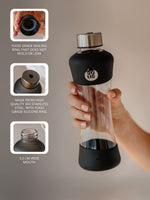 Transparente unbedruckte Trinkflasche aus hitzebeständigem Borosilikatglas. 100% auslaufsicher mit Edelstahldeckel und austauschbarem anti bakteriellem Silikonring. Mundöffnung 35mm.