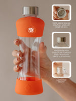 Transparente unbedruckte Trinkflasche aus hitzebeständigem Borosilikatglas. 100% auslaufsicher mit Edelstahldeckel und austauschbarem anti bakteriellem Silikonring. Mundöffnung 35mm.