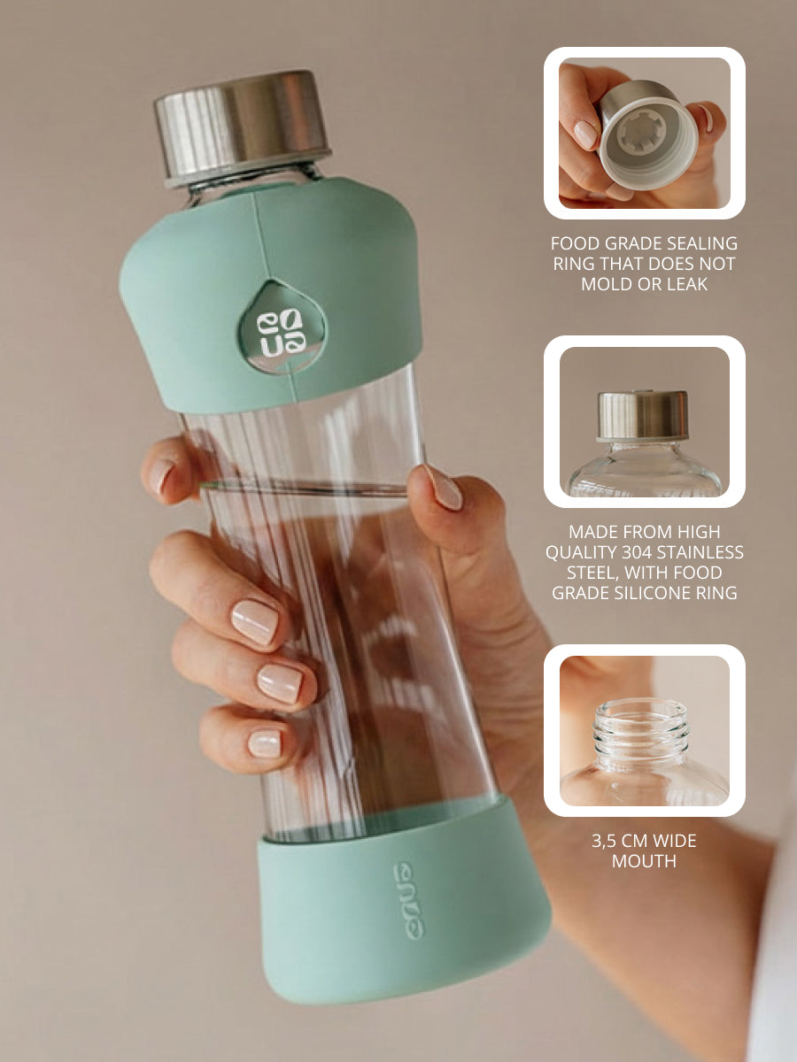 Transparente unbedruckte Trinkflasche aus hitzebeständigem Borosilikatglas. 100% auslaufsicher mit Edelstahldeckel und austauschbarem anti bakteriellem Silikonring. Mundöffnung 35mm.