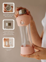 Transparente unbedruckte Trinkflasche aus hitzebeständigem Borosilikatglas. 100% auslaufsicher mit Edelstahldeckel und austauschbarem anti bakteriellem Silikonring.