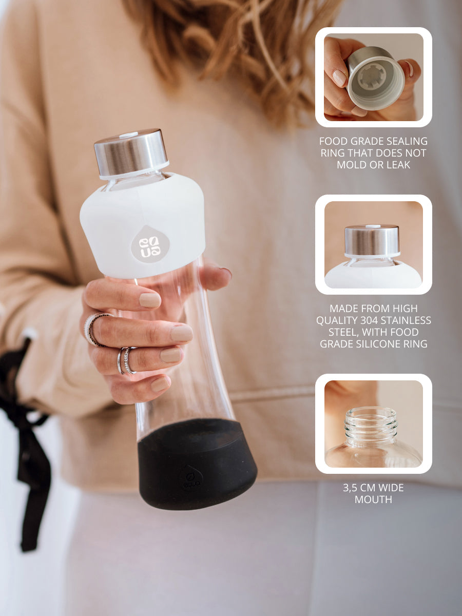 Transparente unbedruckte Trinkflasche aus hitzebeständigem Borosilikatglas. 100% auslaufsicher mit Edelstahldeckel und austauschbarem anti bakteriellem Silikonring.