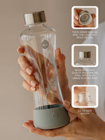Stylishe Trinkflasche aus Glas - Design mit Feder in den Farben grau.