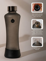 Matte schwarze Glastrinkflasche. Lebensmittelechte Dichtung. lebensmittelechter Edelstahldeckel. Mundöffnung 3.5cm weit.