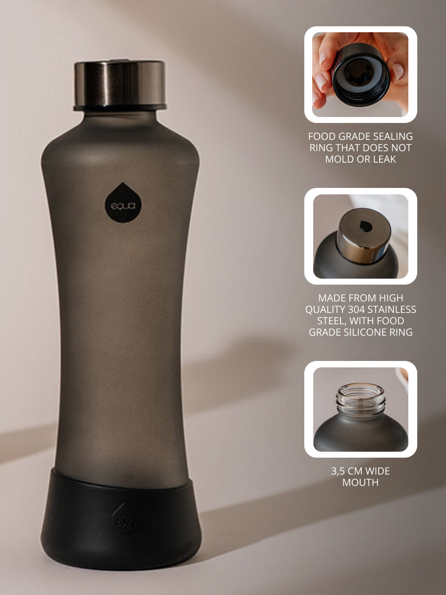 Matte schwarze Glastrinkflasche. Lebensmittelechte Dichtung. lebensmittelechter Edelstahldeckel. Mundöffnung 3.5cm weit.