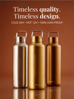 Edelstahl Trinkflasche Thermo mit zeitloser Qualität: hält Getränke bis zu 24 Stunden kalt oder 12 Stunden heiss und ist auslaufsicher. Zusammen mit der Thermo Trinkflasche Steel und Bronze gehört die Gold zur Podest collection.
