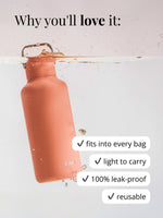 Weshalb du diese Trinkflasche lieben wirst: passt in jede Tasche da kompakt, leicht zum Tragen, auslaufsicher und wiederverwendbar. Super urbane Trinkflasche.