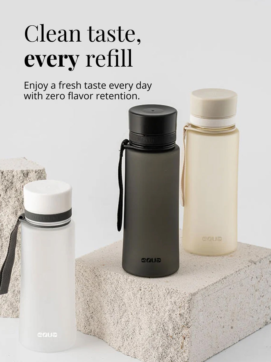Der Kunststoff dieser Trinkflasche ist BPA freier hochwertiger Eastman Tritan und daher im Vergleich zu anderen Kunststoff Trinkflaschen geschmacksneutral. Deckel mit Trinköffnung und Wide Mouth Öffnung.