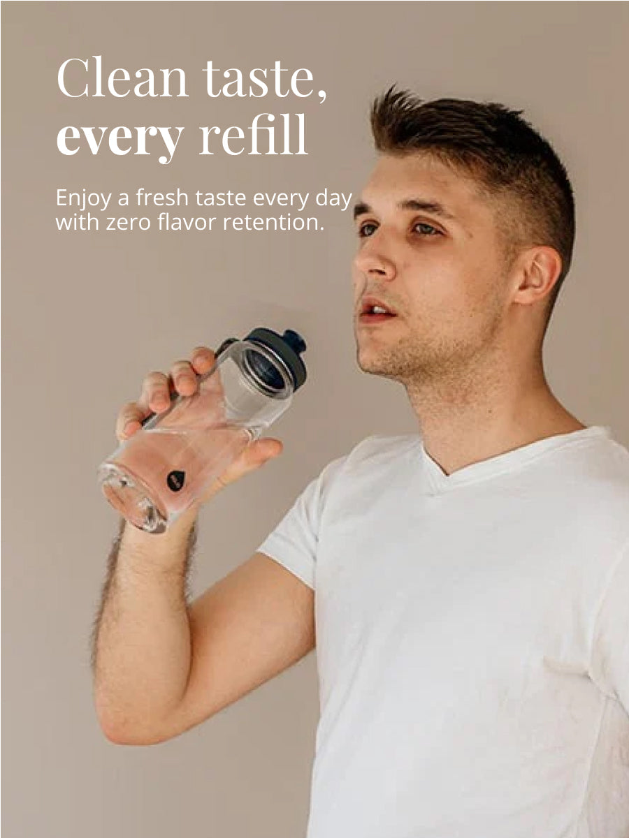Der Kunststoff dieser Trinkflasche ist BPA freier hochwertiger Eastman Tritan und daher im Vergleich zu anderen Kunststoff Trinkflaschen geschmacksneutral. Deckel mit Trinköffnung und Wide Mouth Öffnung.