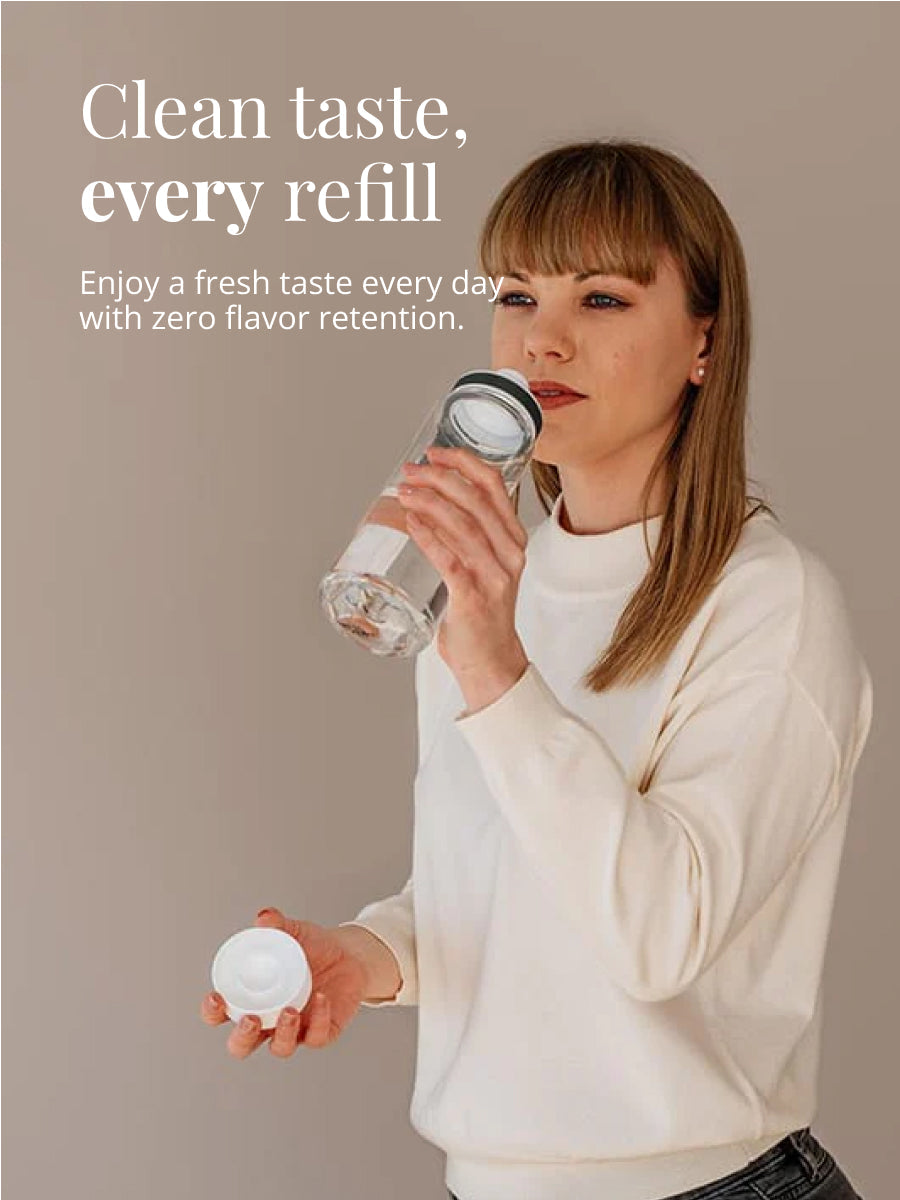 Der Kunststoff dieser Trinkflasche ist BPA freier hochwertiger Eastman Tritan und daher im Vergleich zu anderen Kunststoff Trinkflaschen geschmacksneutral. Deckel mit Trinköffnung und Wide Mouth Öffnung.