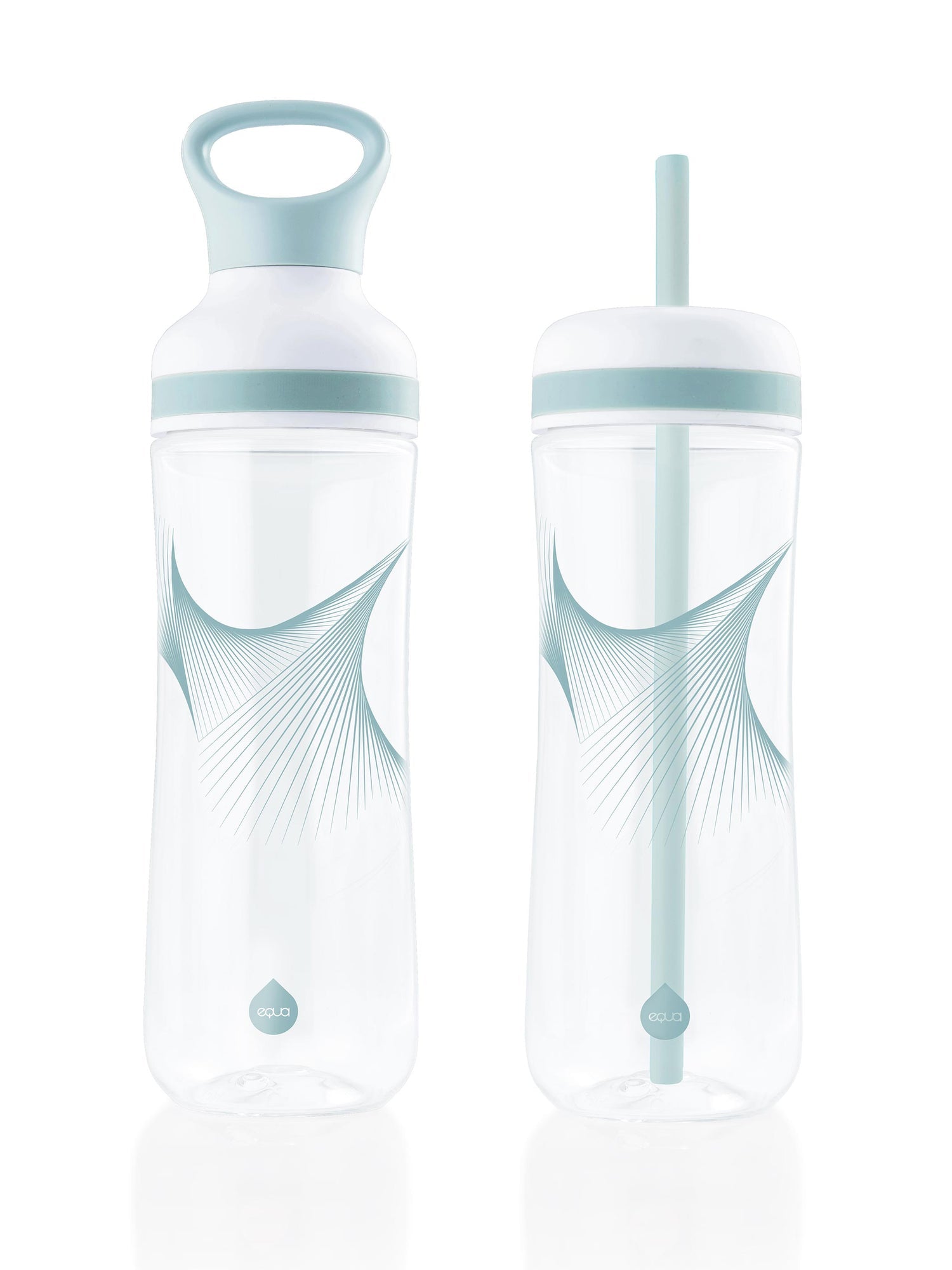 Transparente sportliche Trinkflasche mit zusätzlichem Smoothie Deckel und Trinkhalm (two in one). Hochwertiger Kunststoff BPA frei Eastman Tritan bruchsicher. Auslaufsicher. Mit Tragegriff oben. Transparent mit mintgrünem Grafik Aufdruck. Leicht und vielseitig einsetzbar. Hergestellt in Österreich.
