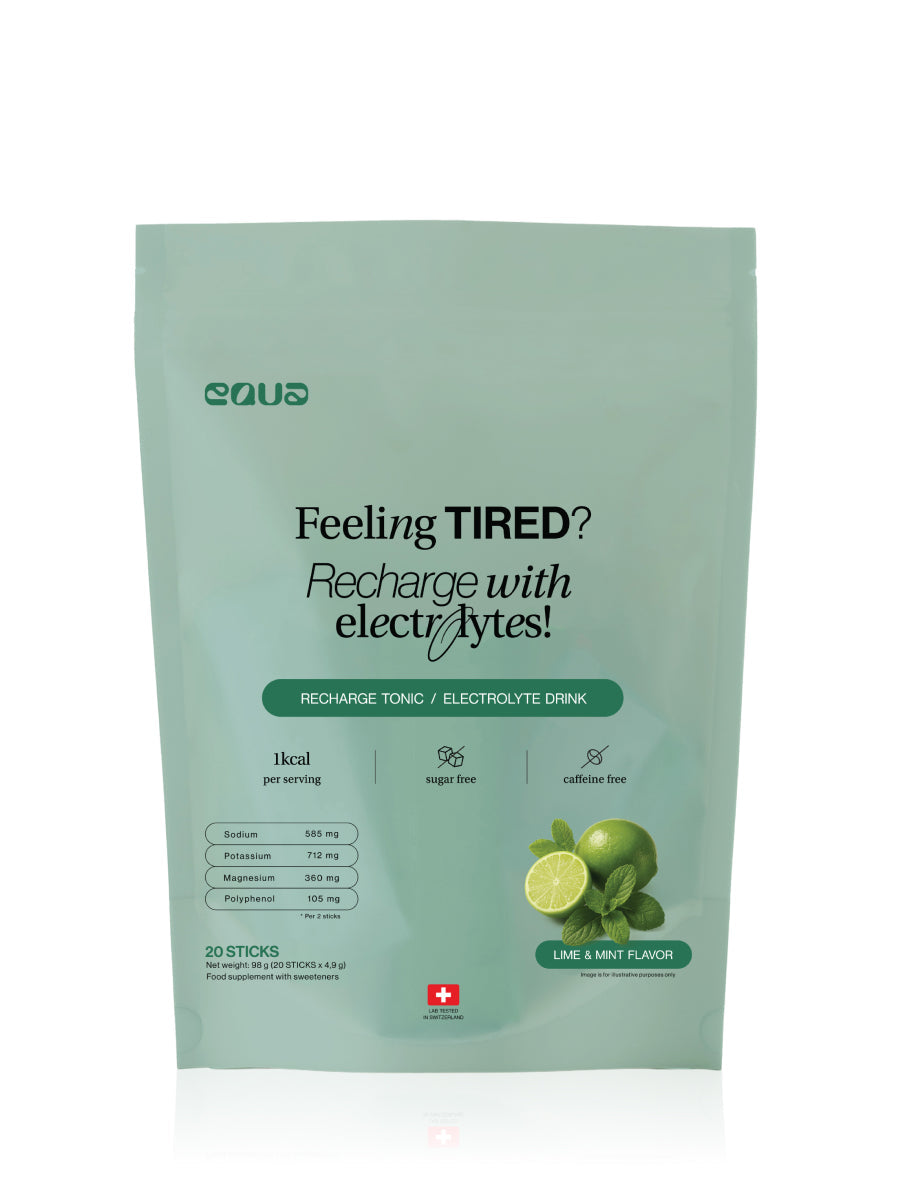 EQUA Recharge Tonic Lime & Mint Verpackung mit einzelnen Portionsbeuteln für zuckerfreies Elektrolyt-Pulver